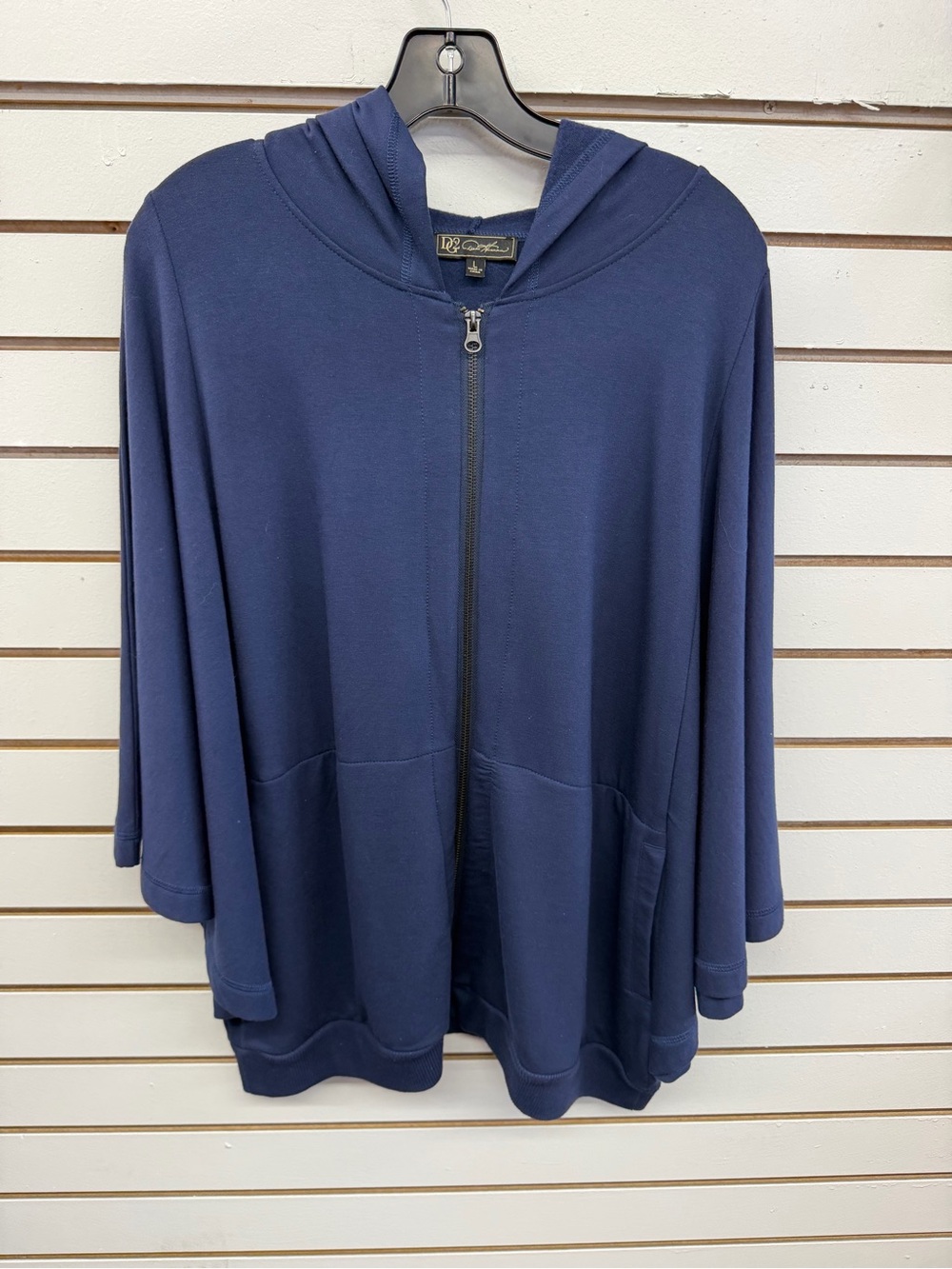 D2 Navy Hooded Zip Front Tunic Jacket Cardigan Large Soft Stretch Pockets